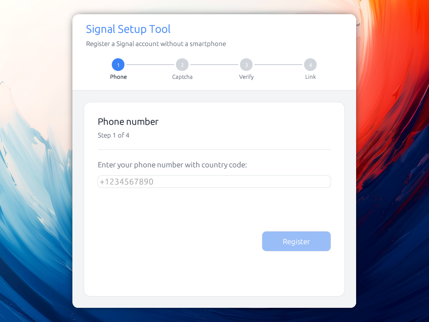 The interface of 'Signal without smartphone', where you can see the required steps to link with a Signal Desktop application. The first step requires you to enter a phone number.