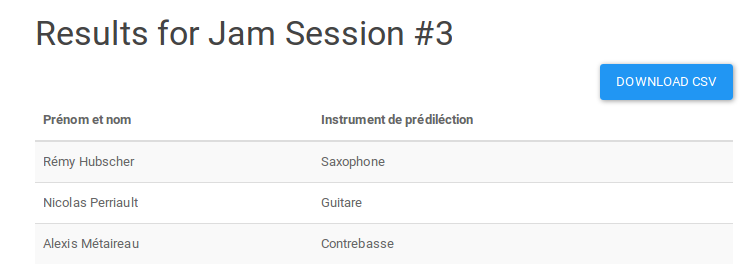 Capture de la page de resultats, il est possible de télécharger en CSV.