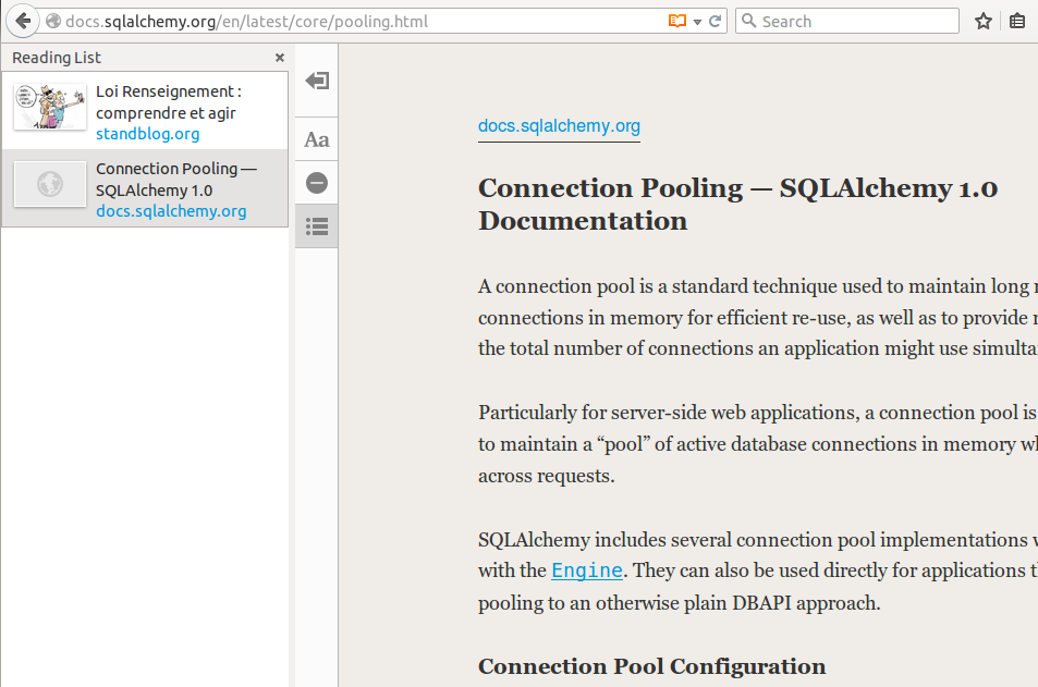 Capture d'écran de Firefox nightly avec readinglist.