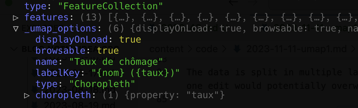 JSON representation of the umap options